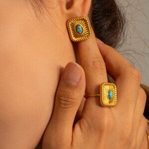 Turquoise square adjustable open ring 18K gold plated, stainless steel